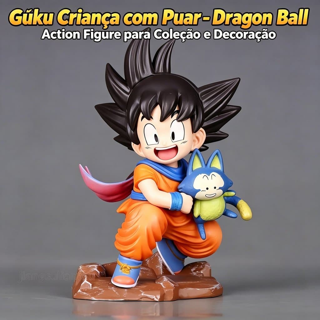 Action Figure Goku Criança com Puar Dragon Ball Estilo Chibi com Base para Coleção Decoração Presente