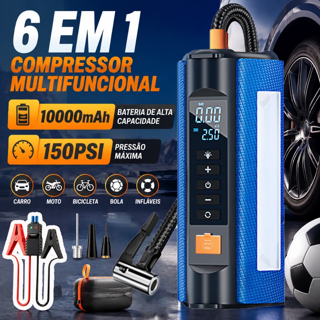 Auxiliar de Partida Portátil 150PSI Compressor de Ar Power Bank 10000mAh 6 em 1 Lanterna LED Tela Digital