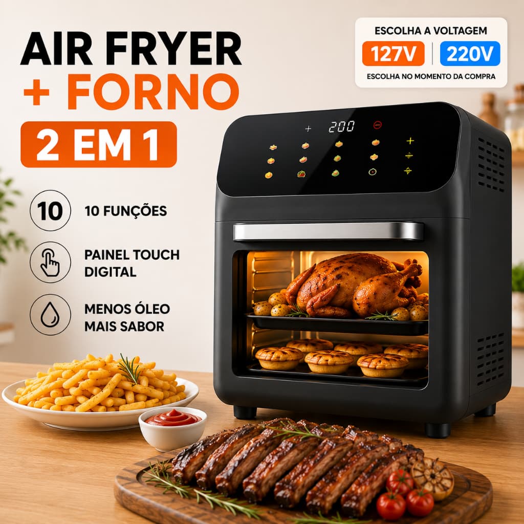 Air Fryer 12L Forno Oven 2 em 1 Fritadeira Elétrica Sem Óleo Painel Touch Digital 10 Funções
