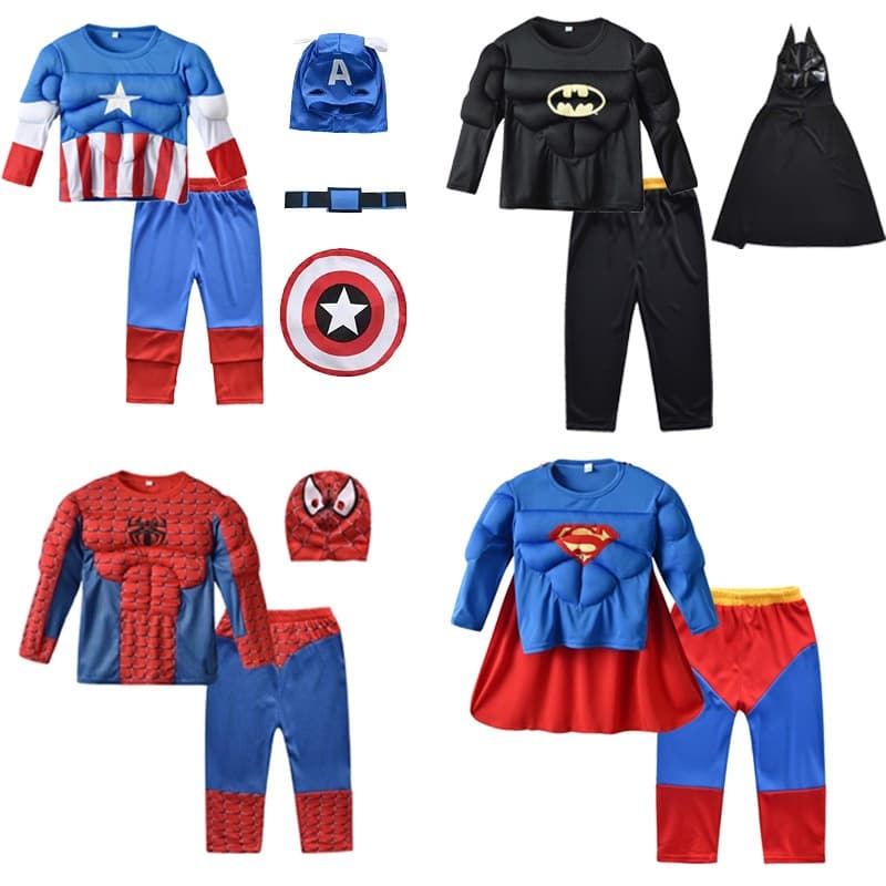 Fantasia cospaly de Halloween para crianças Capitão América Homem-Aranha Batman Superman Roupas musculares divididas
