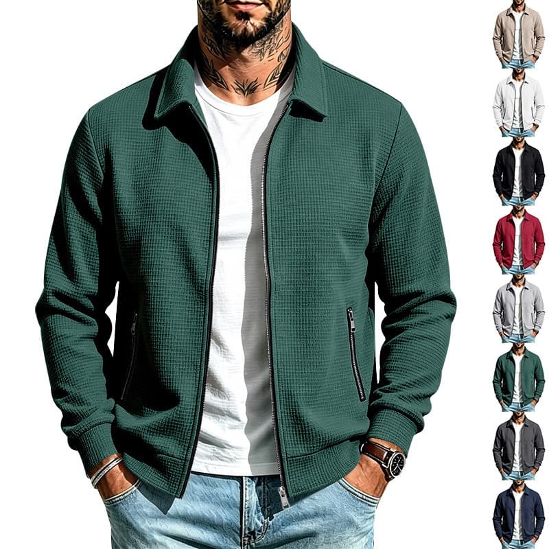 Jaqueta Masculina De Malha Waffle Com Zíper , Casaco Casual Leve De Manga Comprida Gola