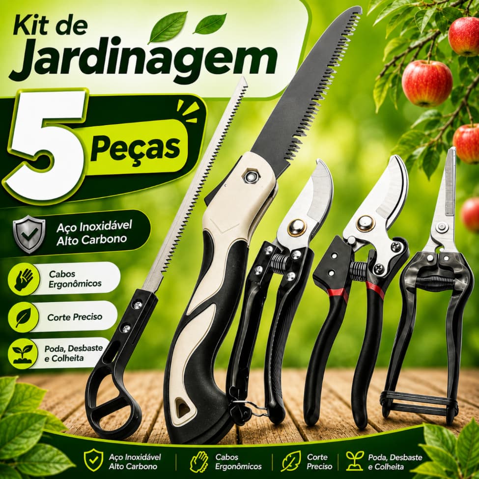 Conjunto de Ferramentas de Jardim Reforçadas em Aço Inoxidável de 5 peças - Inclui Tesouras de Poda, Tesouras de Poda, T