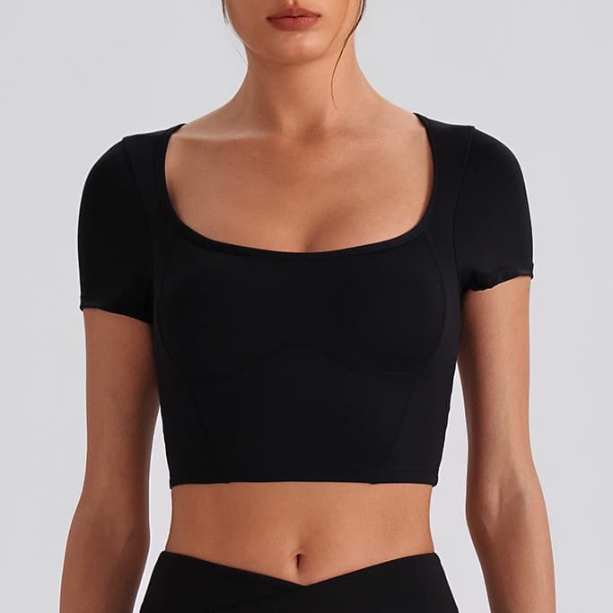 SHAMZU Pescoço Quadrado Copo Fixo Yoga Manga Curta Feminino Umbigo Exposto Nu Secagem Rápida Pilates Fitness Camiseta