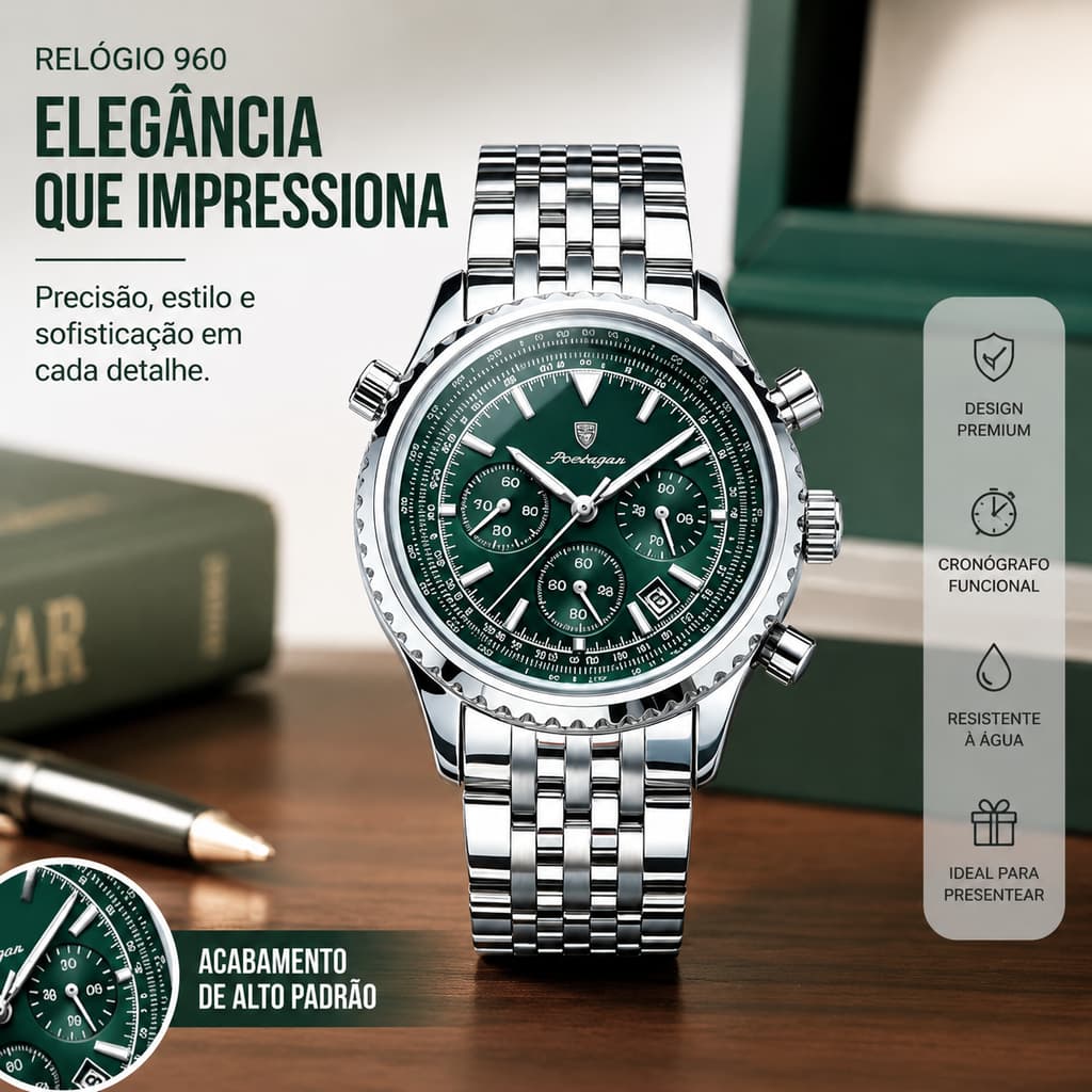 Relógio POEDAGAR 960 Masculino Quartzo Aço Inoxidável Mostrador Prata Sofisticado Para Homens Exigentes