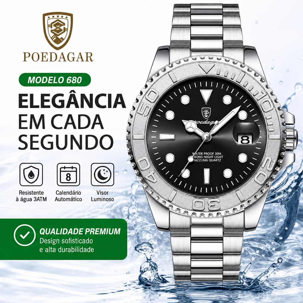Relógio Masculino POEDAGAR 680 Aço Inoxidável Mostrador Texturizado Calendário Estilo Luxo para Uso Diário