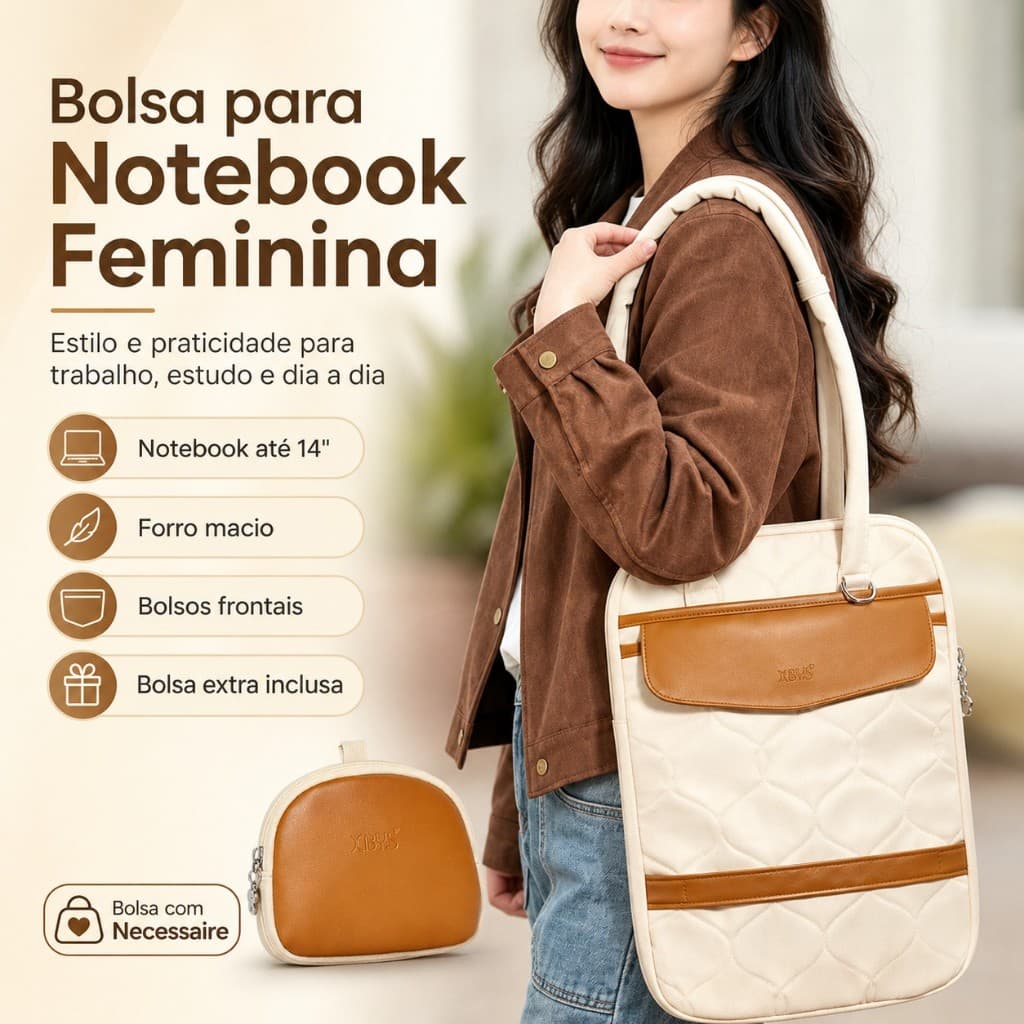 Bolsa para Notebook Feminina 14 Polegadas Trabalho Ombro com Bolsa de Acessórios