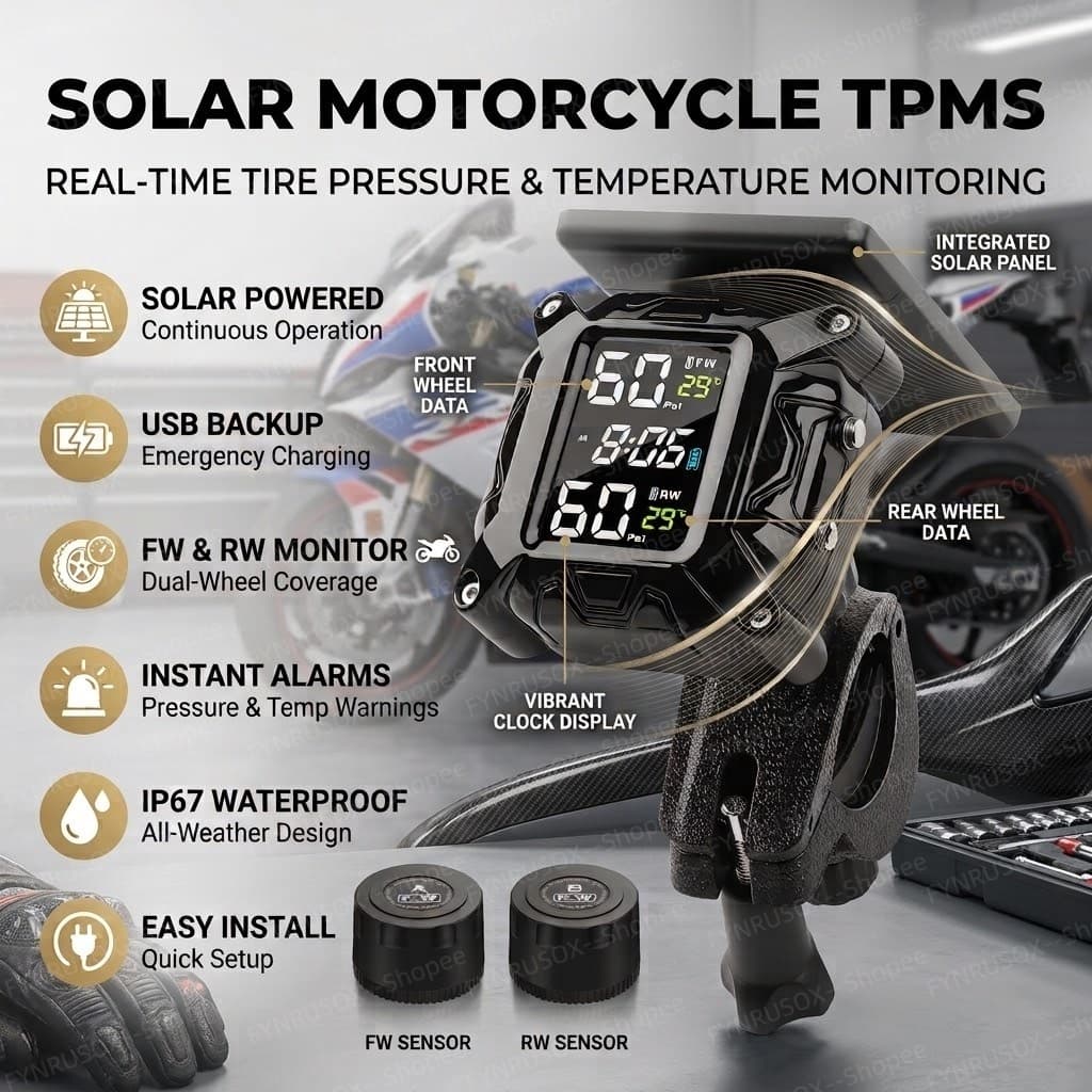 Carregamento Solar TPMS Sensores De Pressão Dos Pneus Da Motocicleta Sistema Monitoramento Moto Alarme Temperatura