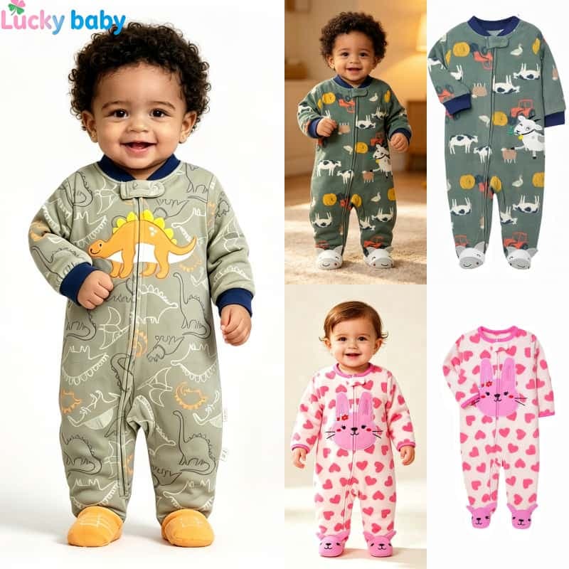 Lucky Baby Macaquinho Bebê Fleece Quentinho Estampado Zíper Manga Longa Pijama Outono Inverno 0-12M