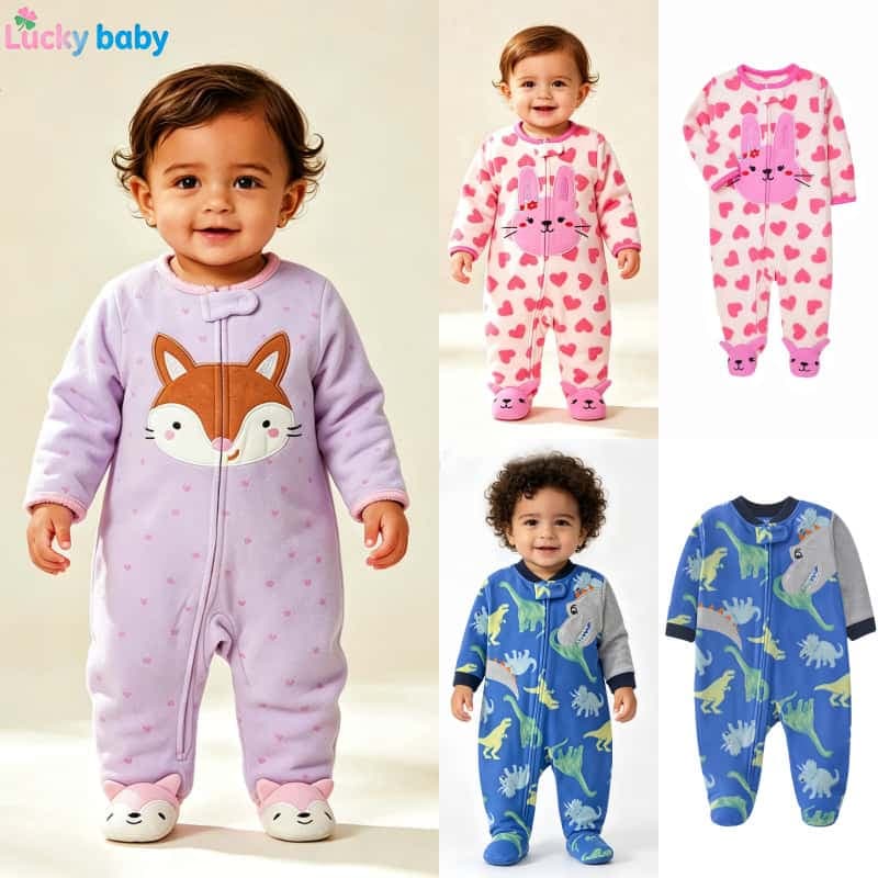 Lucky Baby Macaquinho Bebê Fleece Quentinho Estampado Zíper Manga Longa Pijama Outono Inverno 0-12M