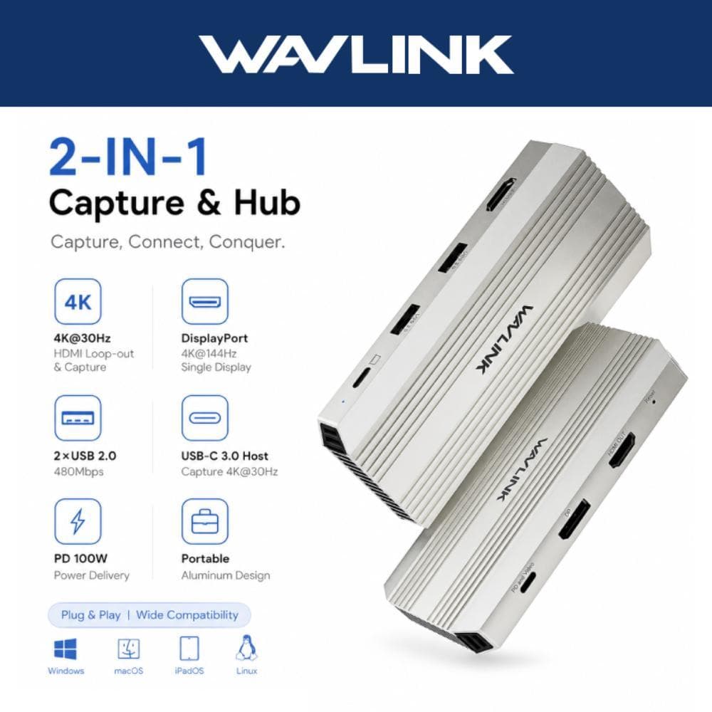 Placa De Captura De Vídeo 2 Em 1 WAVLINK 4K @ 144 Hz Com 90 W PD/2 xUSB A 2.0 Para PS5/Xbox/Switch , OBS , Windows/Mac