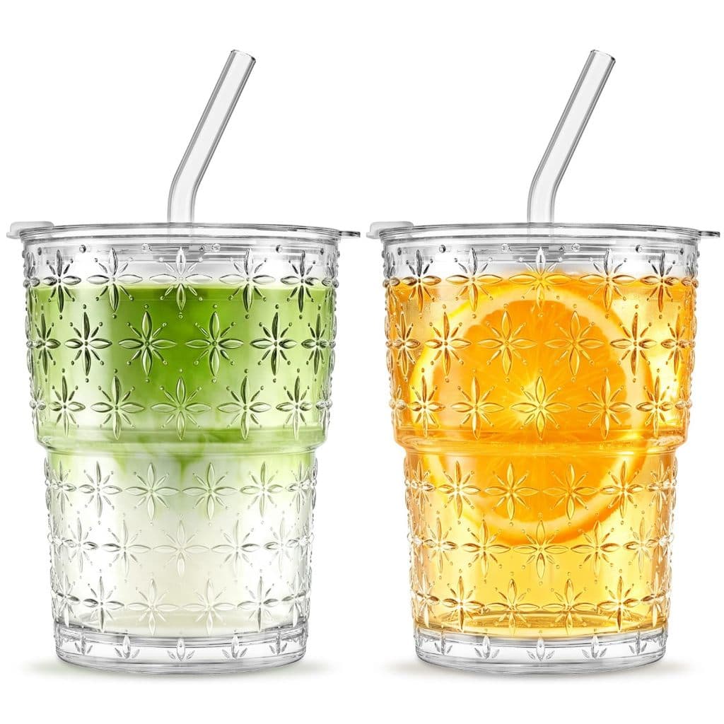 Xícaras De Café Gelado Com Tampas E Canudos , Conjunto De Copos De Vidro De 380 Ml De 2 , Design De Estrela Cintilante ,