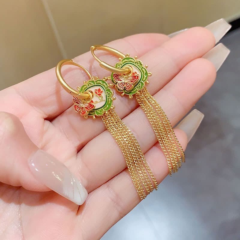 Brincos Femininos Com Franjas Longas E Design De Borboleta Vitrificada – Elegante Luxuoso
