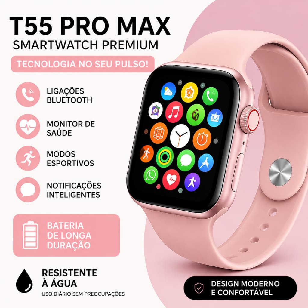 Smartwatch T55 Ultra Kit Com Fone Bluetooth i12 Pulseira Extra Película Proteção Monitoramento Saúde para Android e ios
