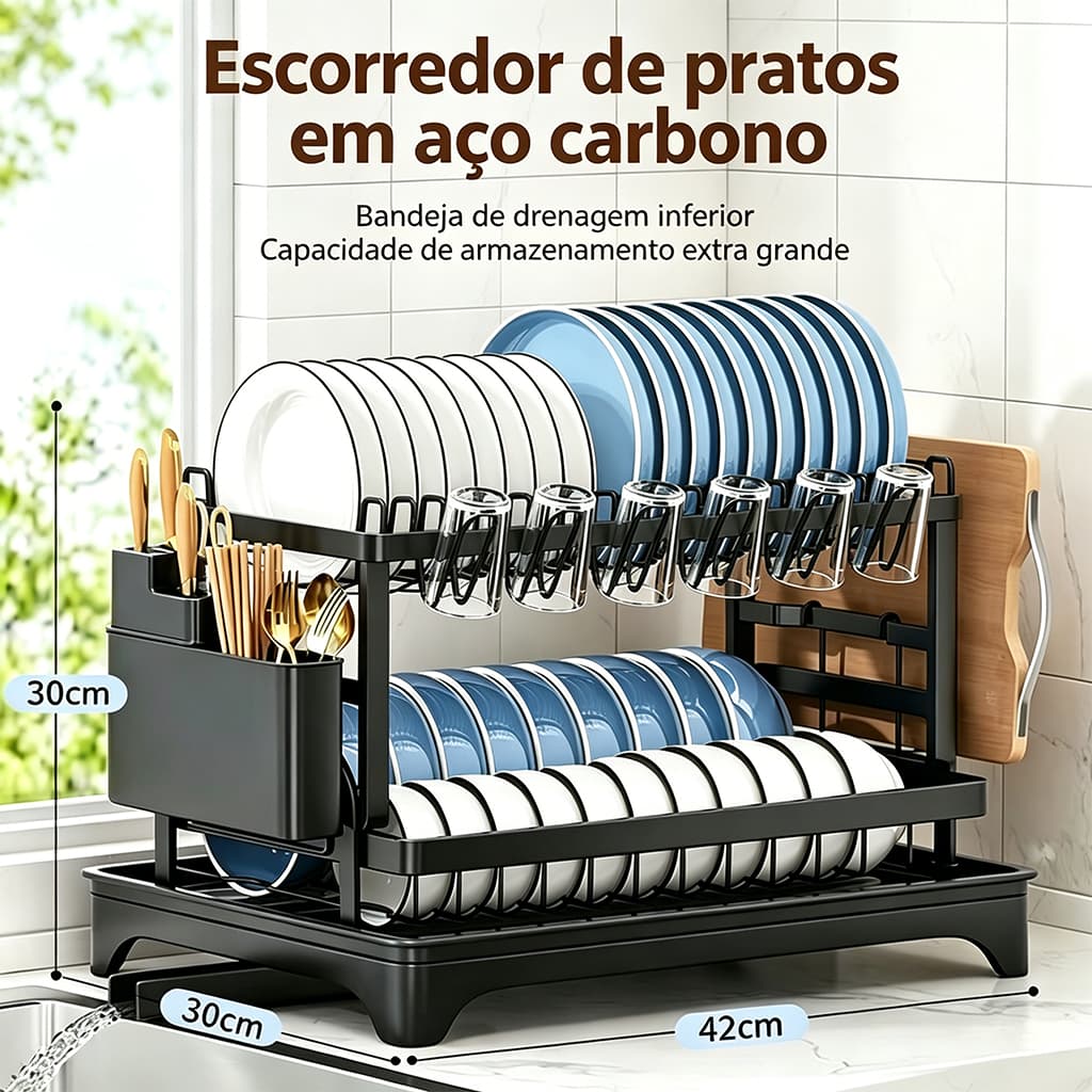 Escorredor De Louça Inoxidável 2 Andares Drenagem Automática Suporte Para Copos Pia Organizador