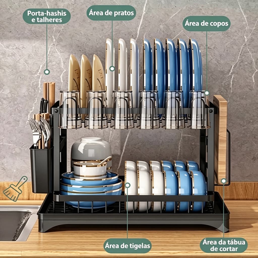 Escorredor De Louça Inoxidável 2 Andares Organizador De Pratos E Talheres Drenagem Automática 12 Pratos
