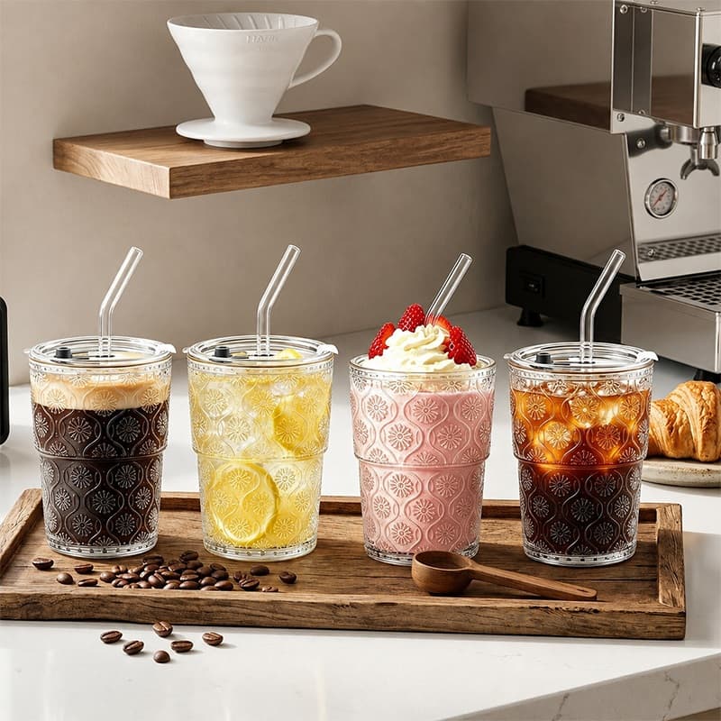 2 Peças De Xícaras De Café Gelado Com Tampas E Canudos , Copo De Vidro , Design De Flor De Begônia , Cabe Na Maioria Dos