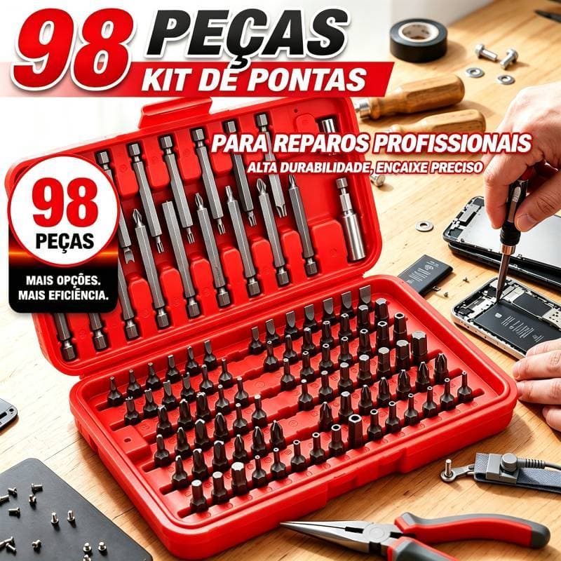 Jogo De Bits Para Parafusadeira Aço Com 98 Peças para Parafusadeira 1/4"
