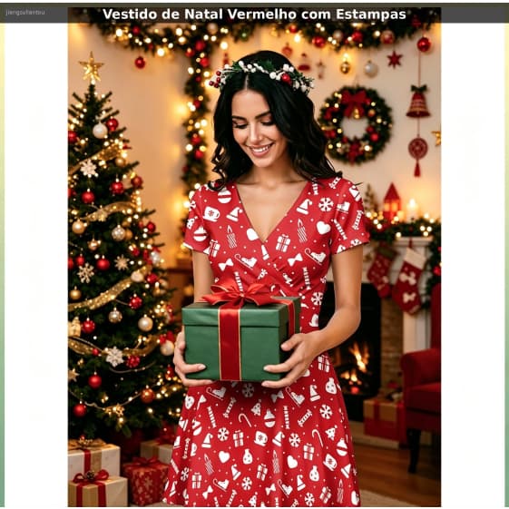 Christmas Dress Vestido de Natal Feminino Manga Curta Gola V com Estampa Natalina para Festa