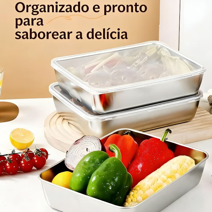 Conjunto de lancheira de 3 peças de recipiente quadrado com tampa, caixa de armazenamento de alimentos de aço inoxidável