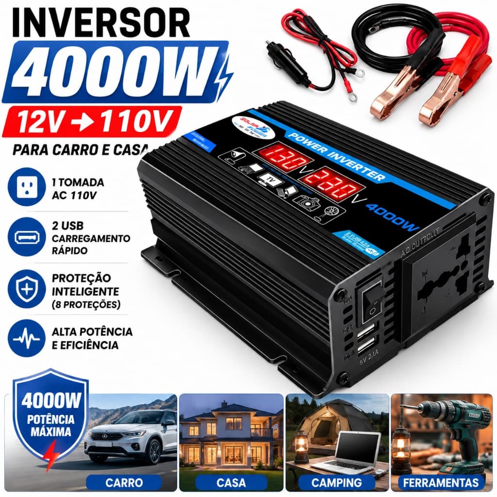 Inversor De Carro 4000w Com Usb 12v-110v Para Uso Em Veículos E Residências