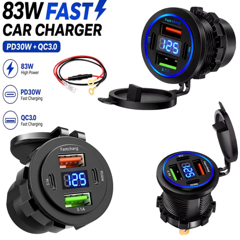 Carregador de bateria de carro 4 Portas PD30W 3.1A Com Display LED Voltímetro 12V‑24V À Prova D'Água acessórios para mot