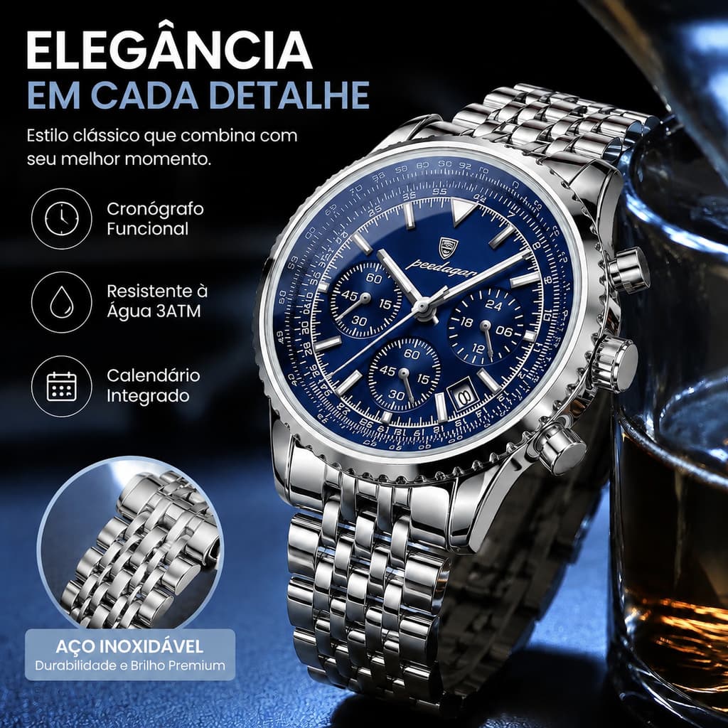 Relógio Masculino POEDAGAR 960 em Aço Inoxidável com Mostrador Azul, Cronógrafo, Calendário, Estilo Luxuoso para Negócio