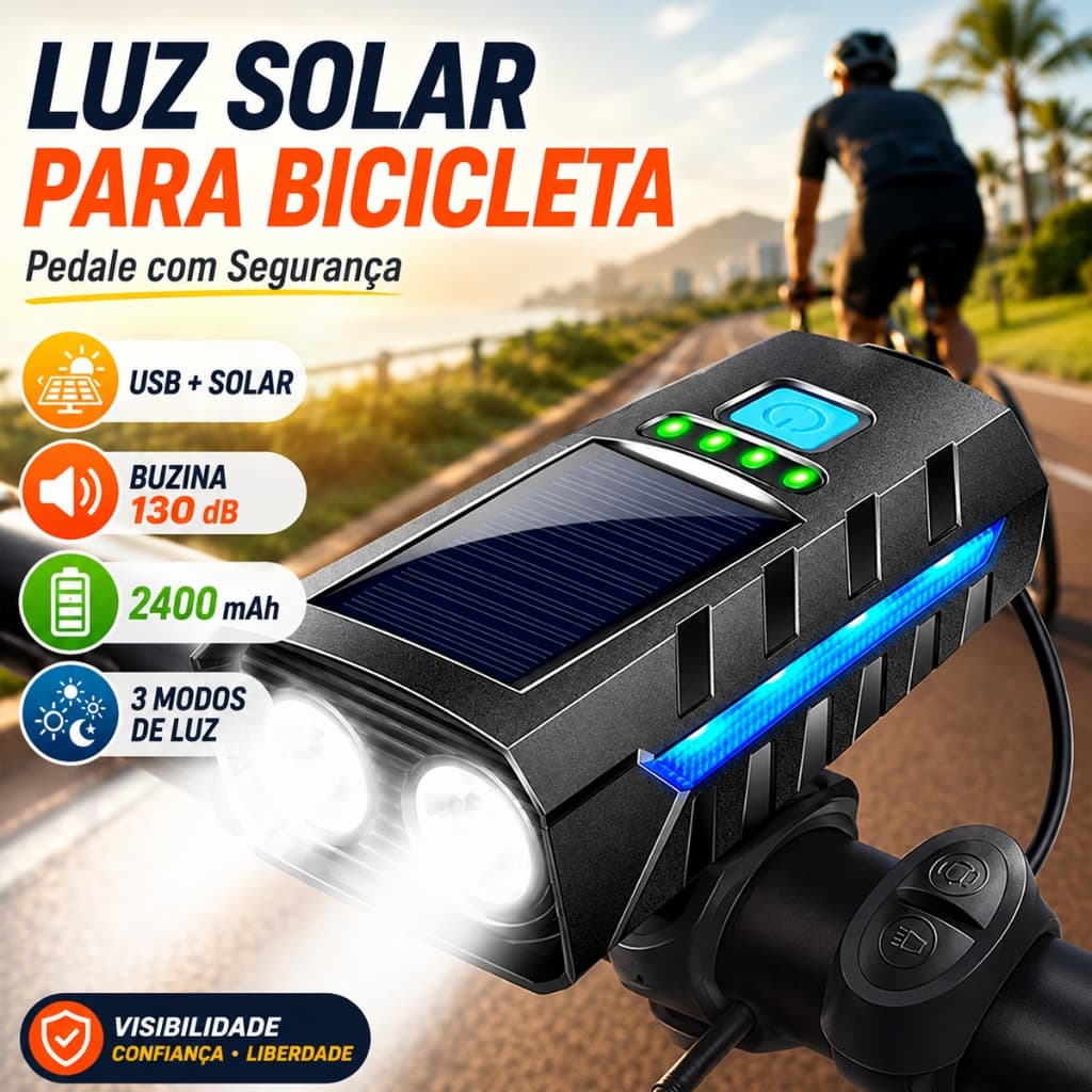 Kit Lanterna Bike Solar Com Buzina E Power Bank 12 Horas Recarregável À Prova D'Água Farol Bicicleta
