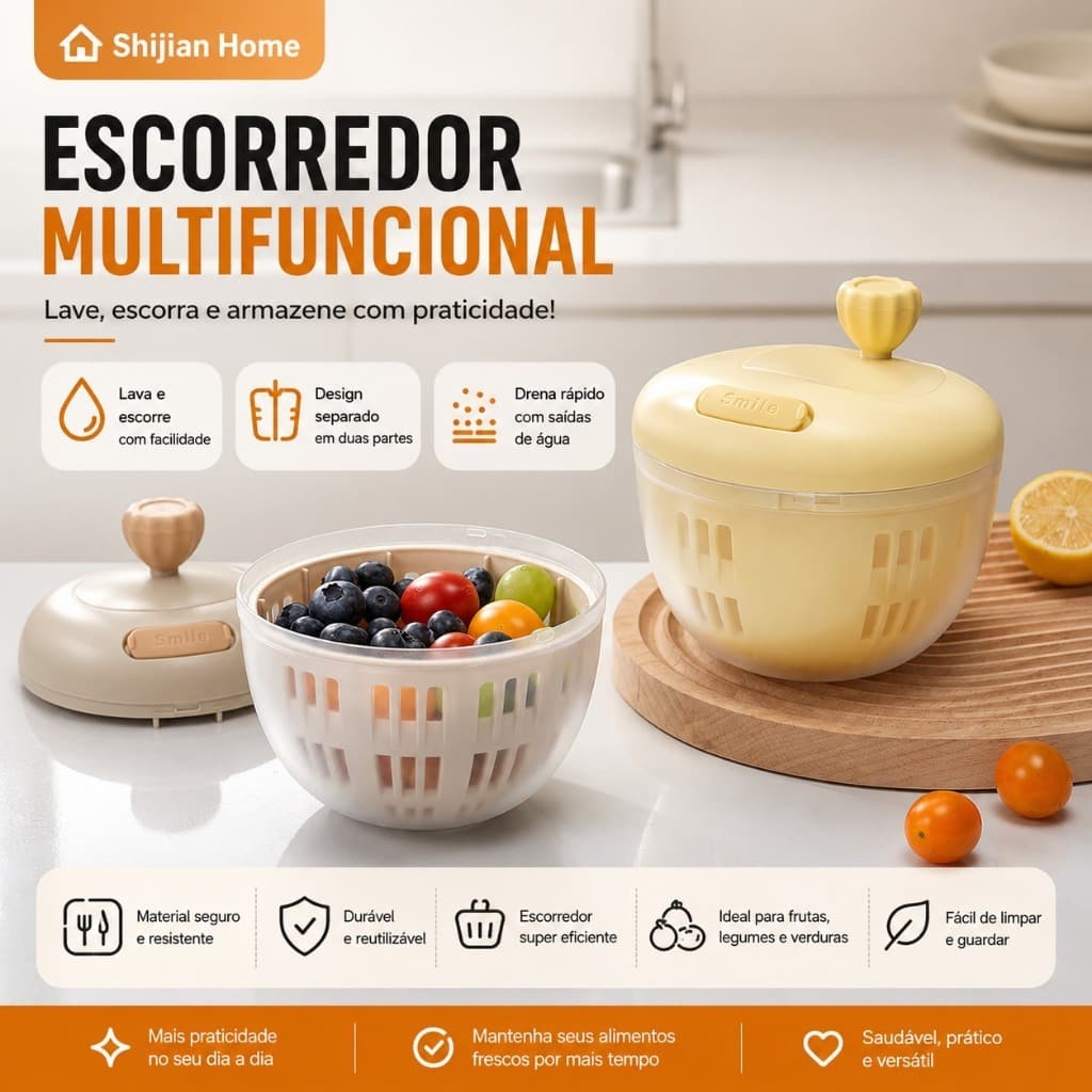 Centrífuga de Salada e Escorredor Multifuncional para Frutas e Verduras, Lavagem e Secagem Manual para Cozinha