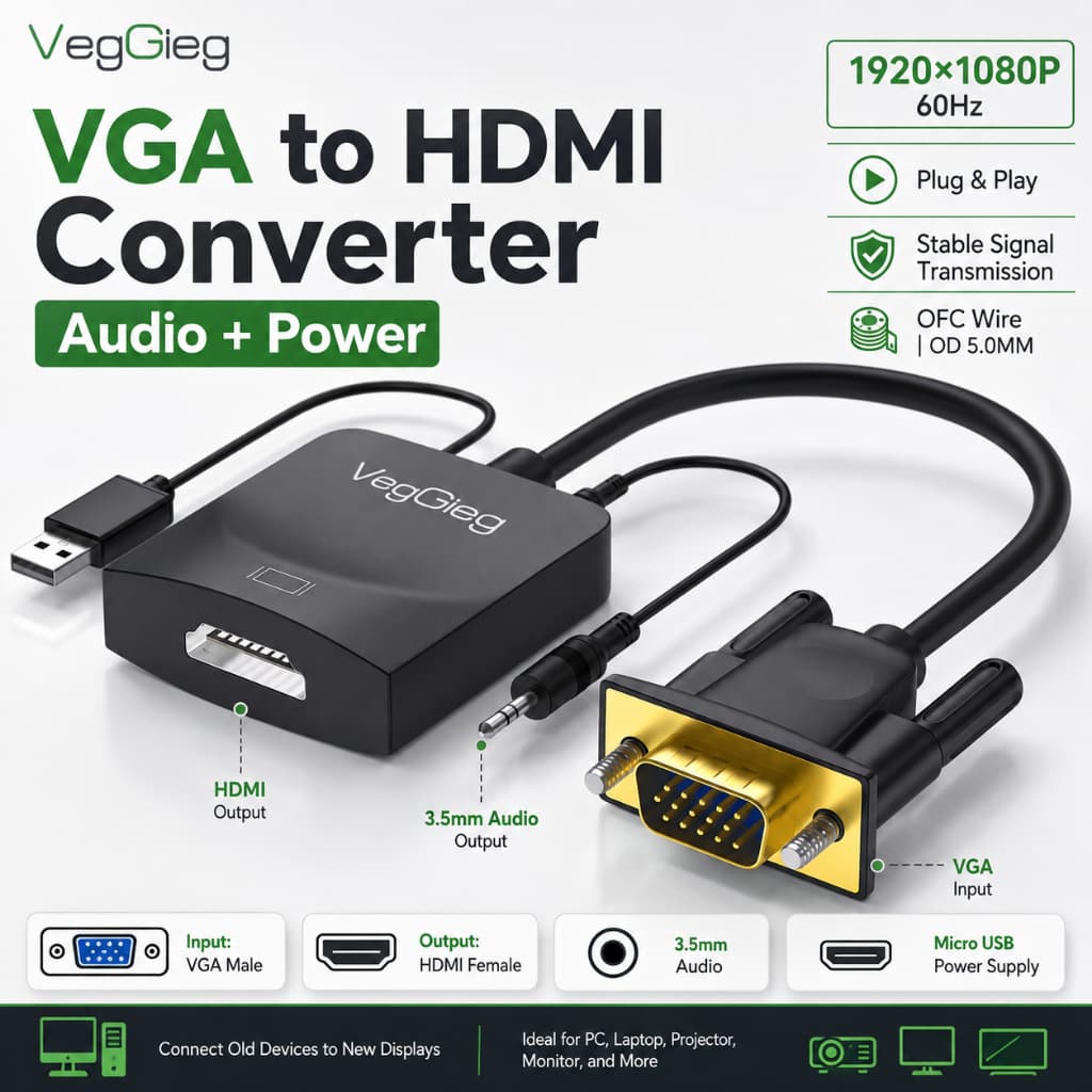 Conversor VegGieg VGA para HDMI com áudio + fonte de alimentação 1080P 60Hz VGA macho para HDMI fêmea Conversor de conex
