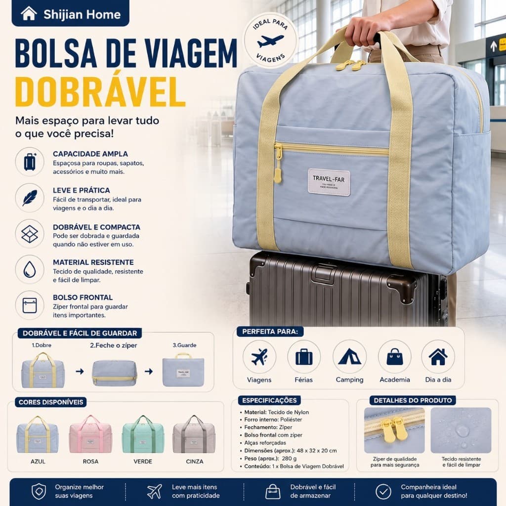 Bolsa de Viagem Dobrável Grande Capacidade, Bolsa de Mão Leve com Zíper para Mala, Academia e Viagens