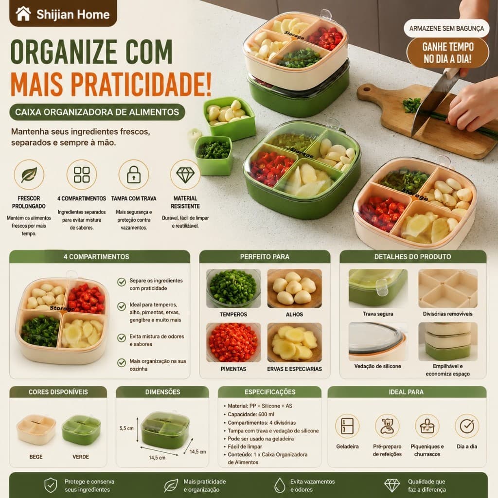 Organizador de Alimentos com 4 Divisórias e Tampa, Pote para Temperos Alho Cebola e Gengibre, Organizador de Geladeira