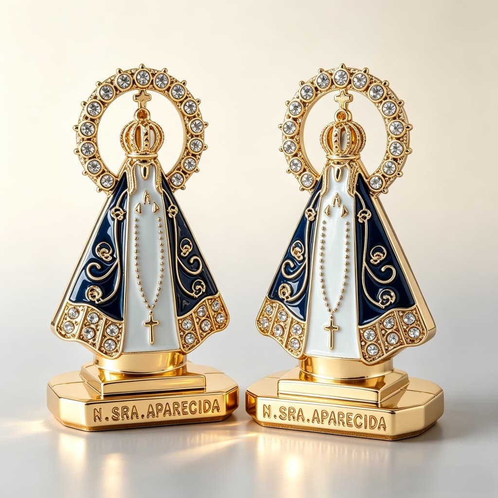 Kit 2 Imagens Nossa Senhora Aparecida Metal Com Brilho Para Carro , Mesa , Escritório