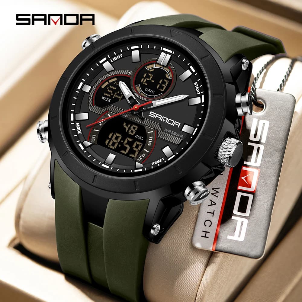 SANDA 6279 Relógio Esportivo Masculino Com Display Duplo Analógico-Digital , Cronômetro , Alarme , Pulseira De TPU À Pro