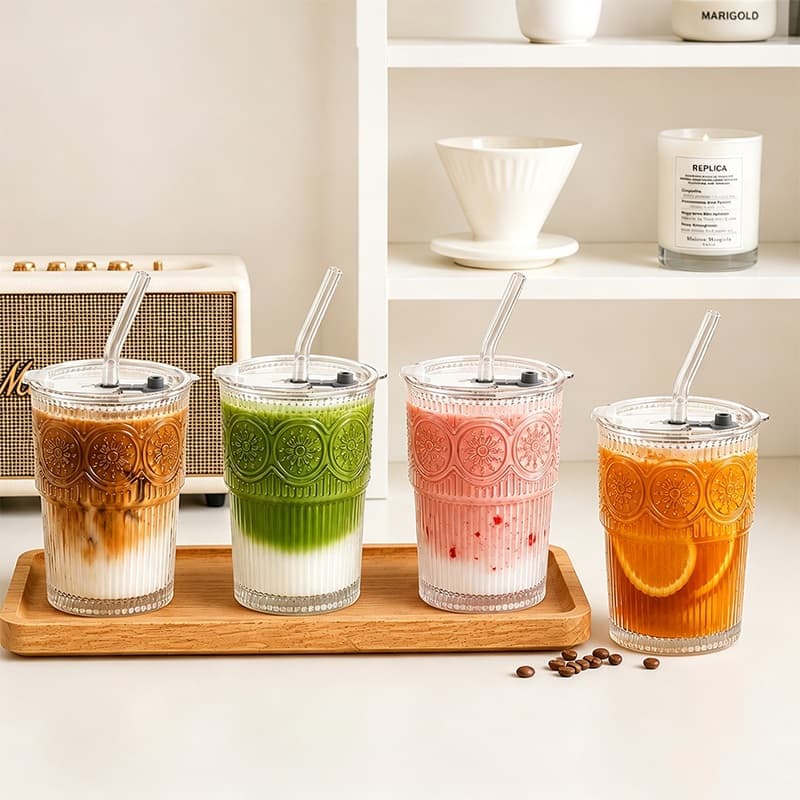 2 Peças De Xícaras De Café Gelado Reutilizáveis Matcha Com Nervuras E Florais Tampas À Prova De Vazamentos Isoladas De P