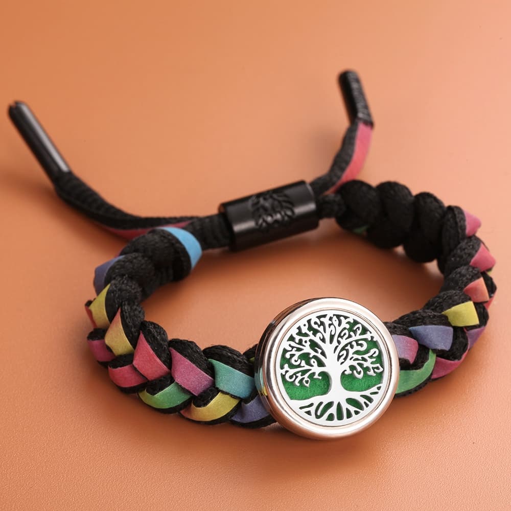 Pulseira Trançada Com Difusor De Aroma , Corda Tecida Multicolorida Ajustável , Medalhão De Aço Inoxidável , Perfume , Ó