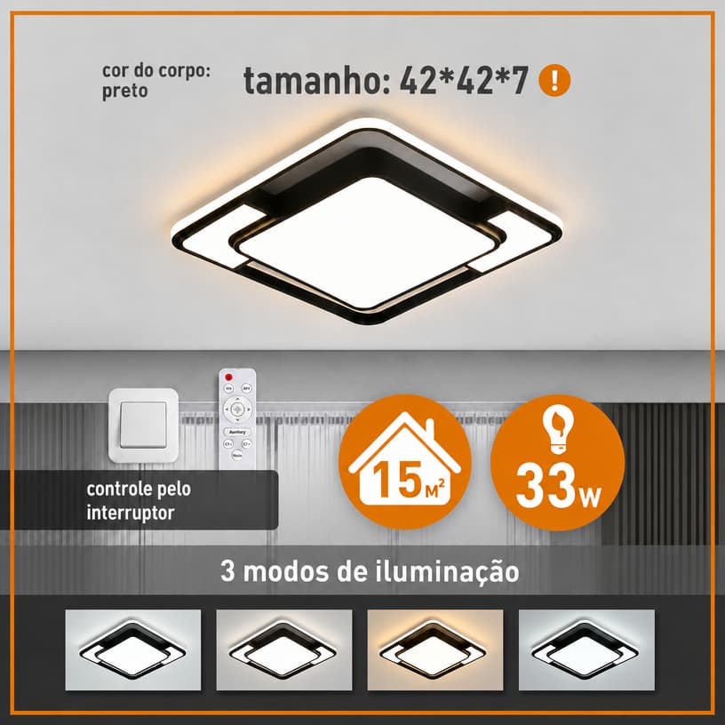 Luminária Teto Plafon Led Sobrepor Moderna 3 Em 1 Com controle remoto Quadrado 3 temperaturas BIVOLT