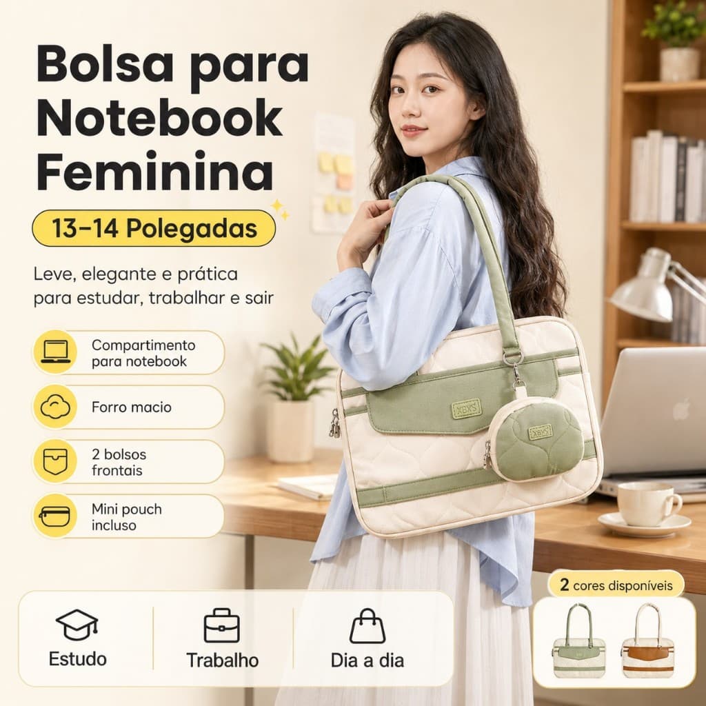 Bolsa para Notebook Feminina 14 Polegadas Acolchoada com Bolsos e Mini Bolsa para Trabalho