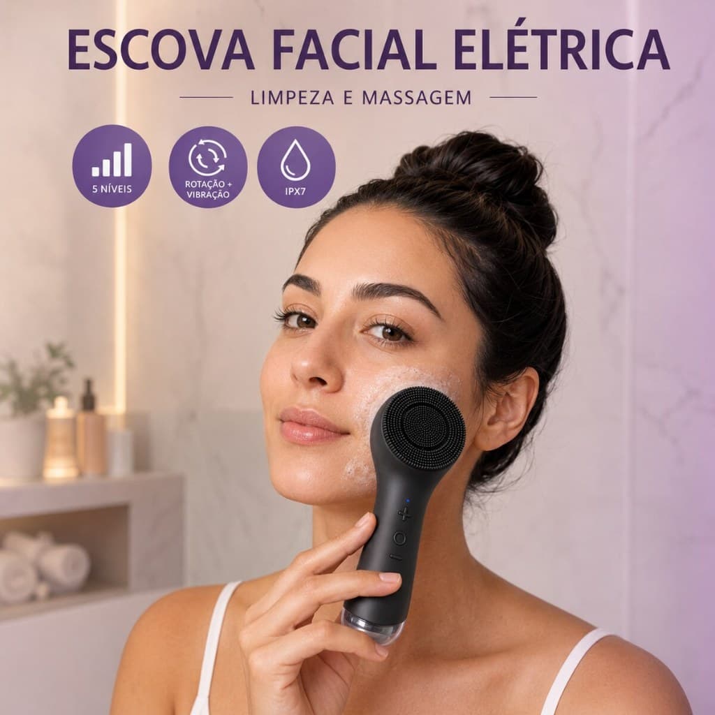Escova Facial Elétrica de Silicone 5 Níveis Rotação e Vibração IPX7 Recarregável para Limpeza e Massagem Facial