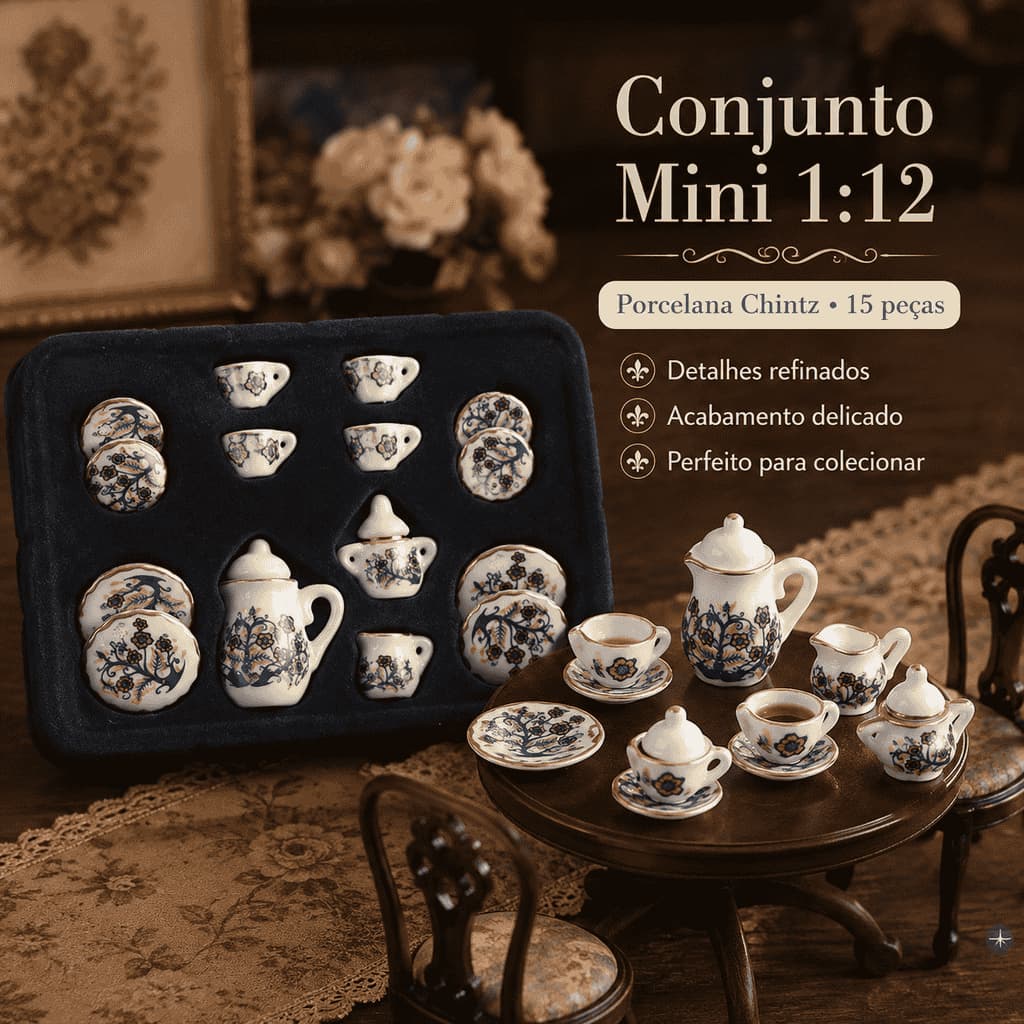 ELEGA 1 : 12 Miniatura 15 Peças Conjunto De Xícara De Chá De Porcelana Chintz Flower Talheres Cozinha