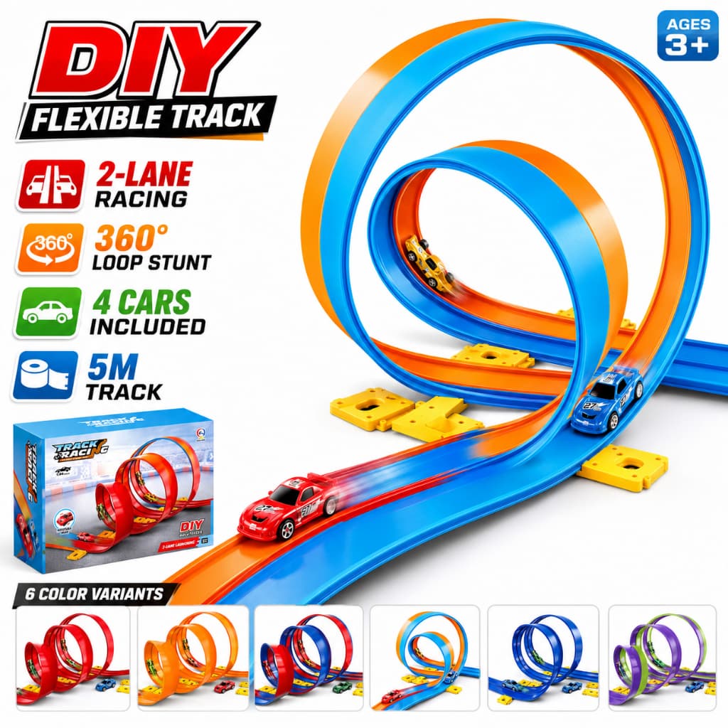 5M Pista De Corrida Flexível DIY 360 Loop Dublê Carro Conjunto 2-Lane 4 Carros 1 : 64 Crianças Aniversário