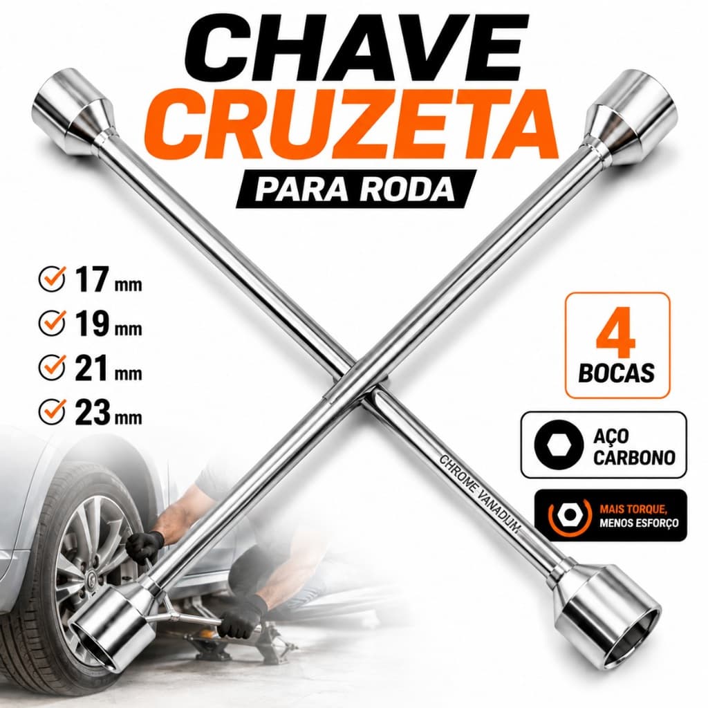 Chave de Roda Estrela Universal Para Carro 4 Bocas 17 19 21 23 Tipo Cruz