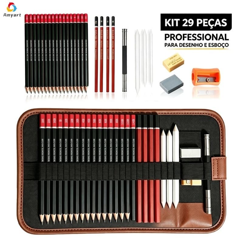 Kit Lápis De Desenho 29 Pcs Com Estojo Portátil Kit Esboço Completo Para Artistas Estudantes Ferramenta De Arte
