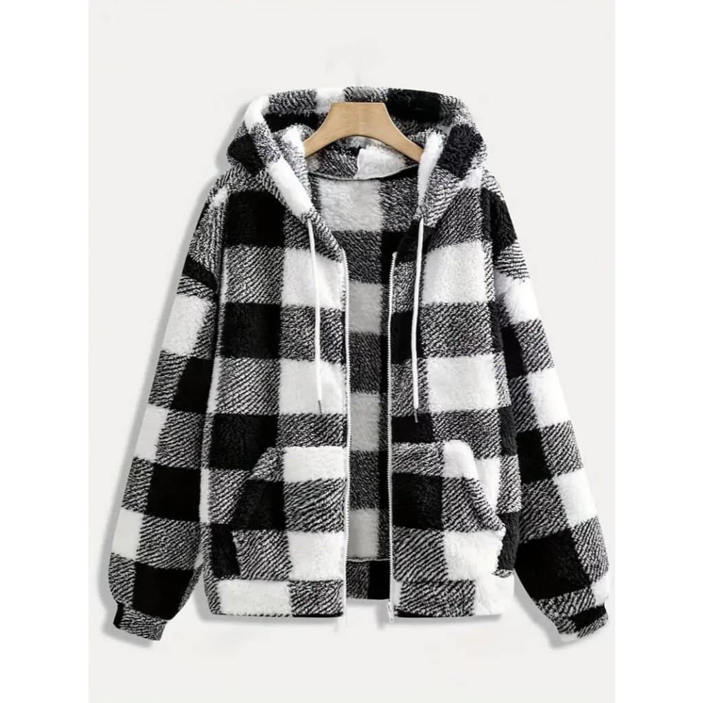 2026 outono inverno feminino moda de rua pelúcia com capuz zíper Cardigan jaqueta xadrez