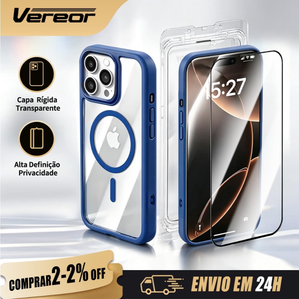 Kit 2 em 1 Capa Protetora Magnética+Película Anti‑Espião Compatível com iPhone 17/16/15/14/13/12 Pro Max