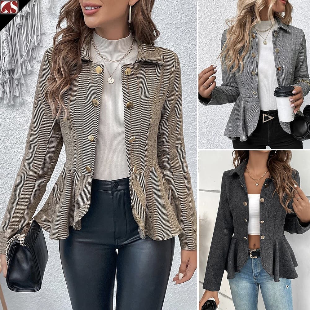 Mulheres lapela Jacquard babados Slim-fit trespassado elegante Blazer de escritório feminino