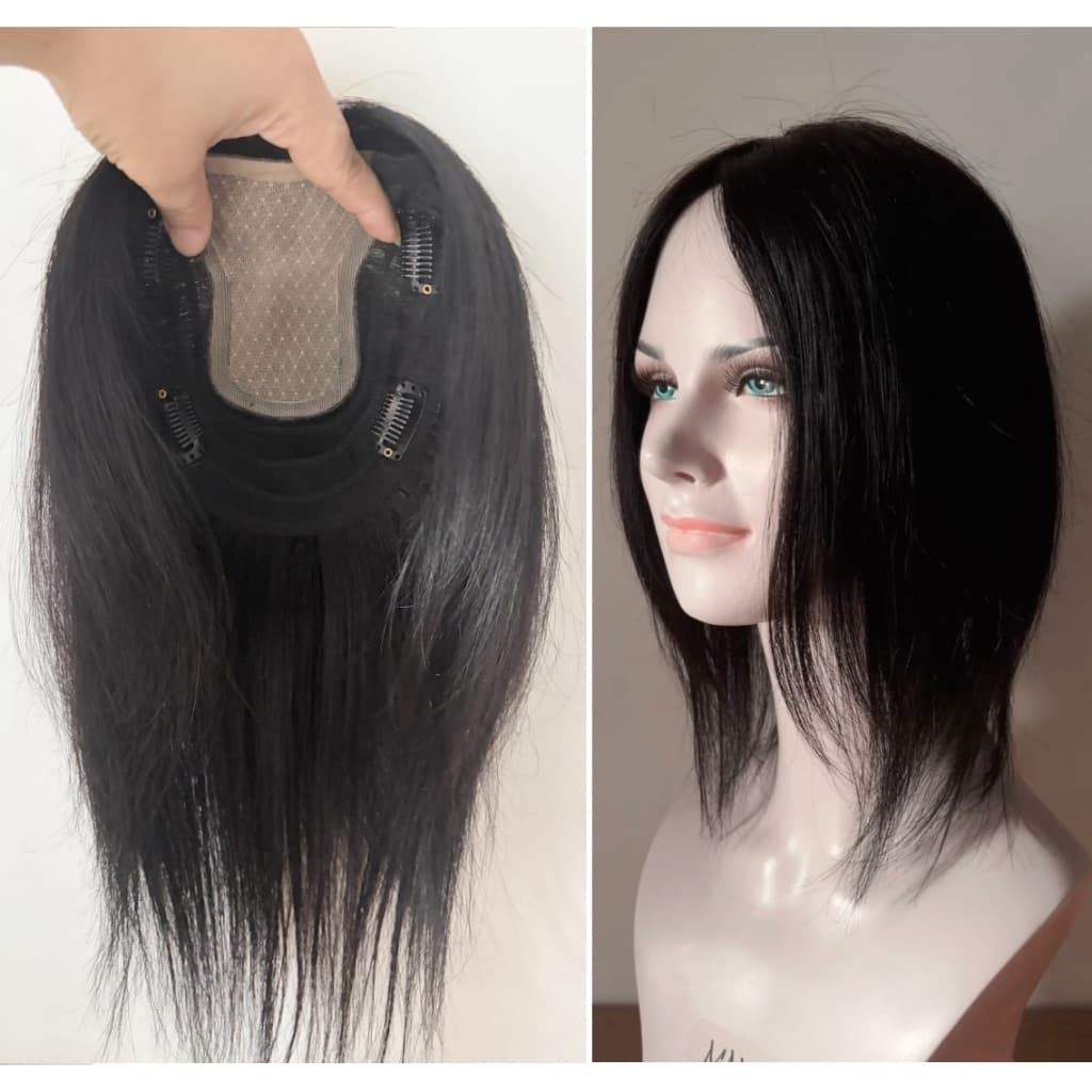 Artigo decorativo 13cm X 15cm Parte Central Superior De Seda Topper De Cabelo Humano Para Mulheres 25cm-35cm Preto