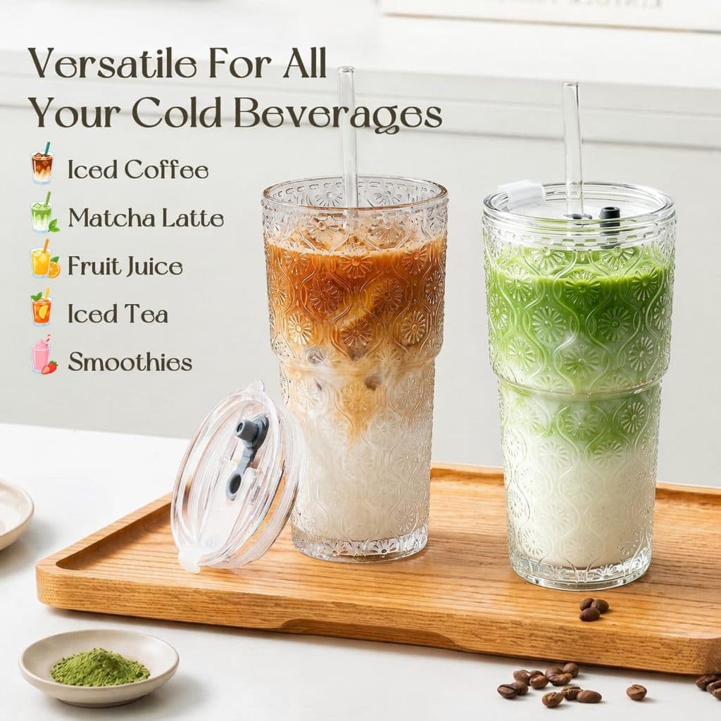 Copo De Vidro De Flor Begônia De 1/2 Unidades , 20 Onças-Copos Espessos Com Tampas E Canudos Para Café Gelado , Smoothie