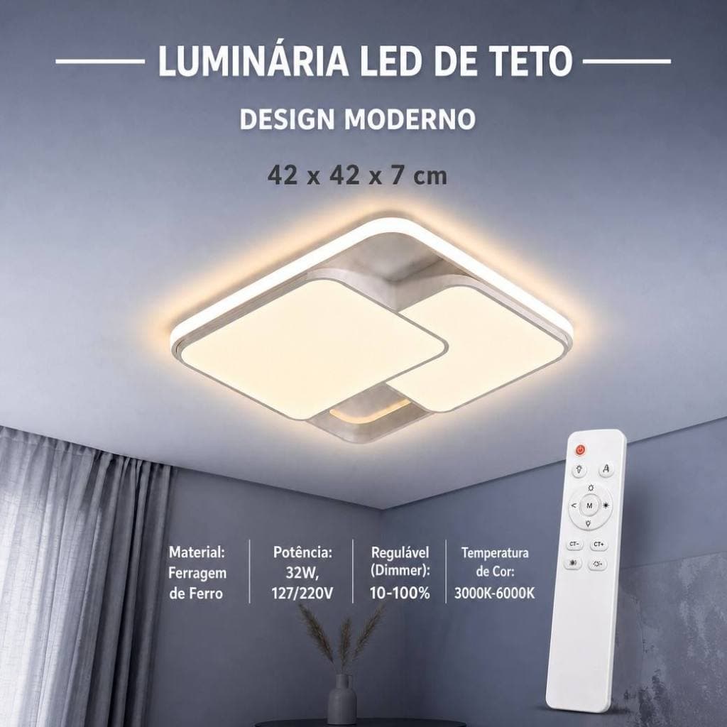 Luminária LED Quadrada Suspensa , Tensão Dupla , Com controle remoto 3 Cores Com Luz Central Lustre De Teto Dourado