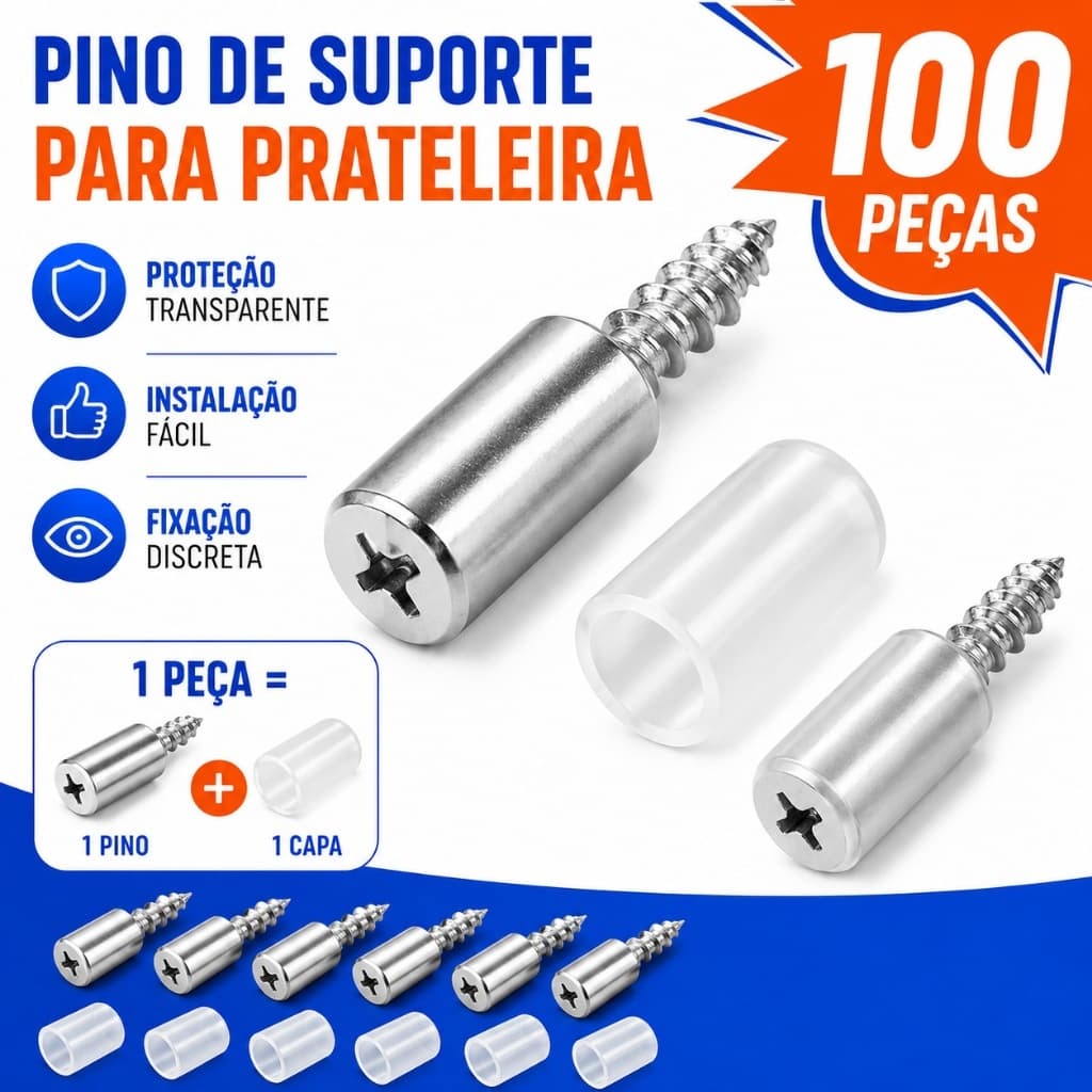 Kit 100 Parafusos Pino Para Prateleiras Suporte com Manga Antiderrapante em Silicone Madeira