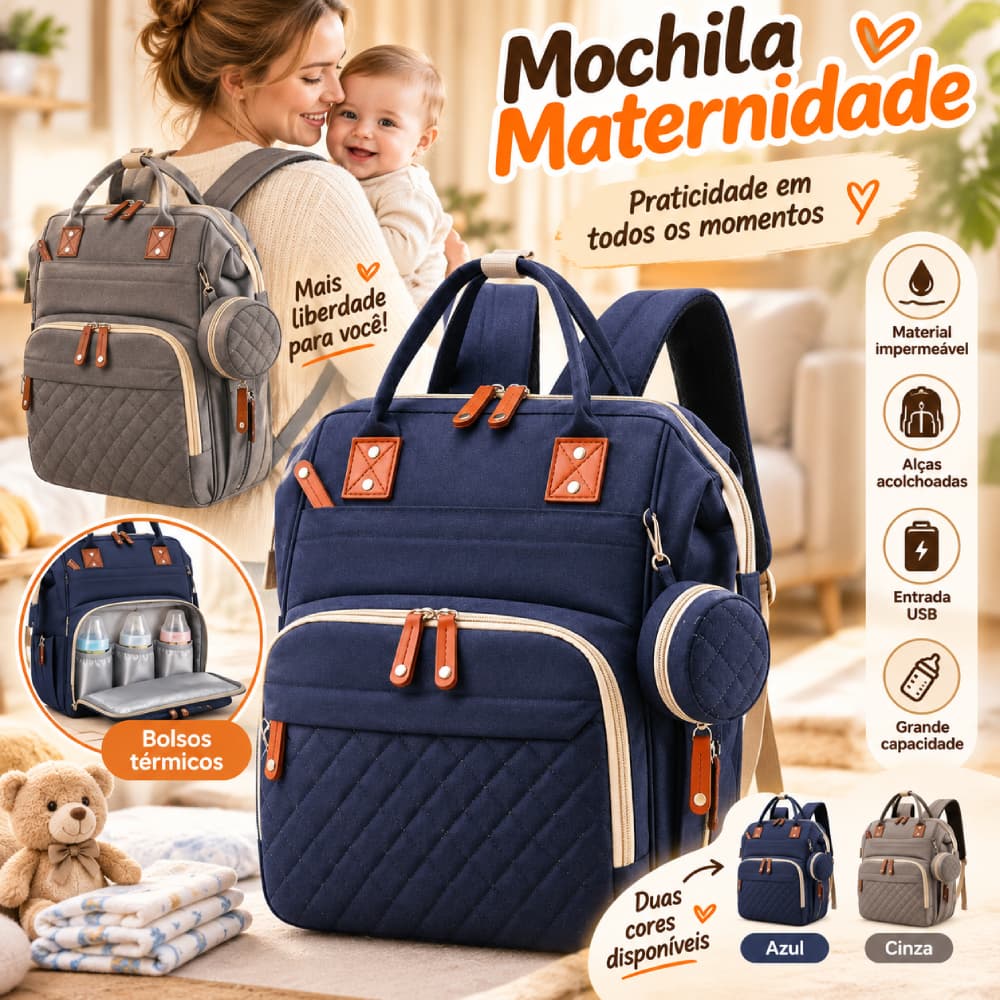 Mochila Bolsa Maternidade Original Impermeável Porta mamadeira Fralda Menina Menino Cinza/Azul